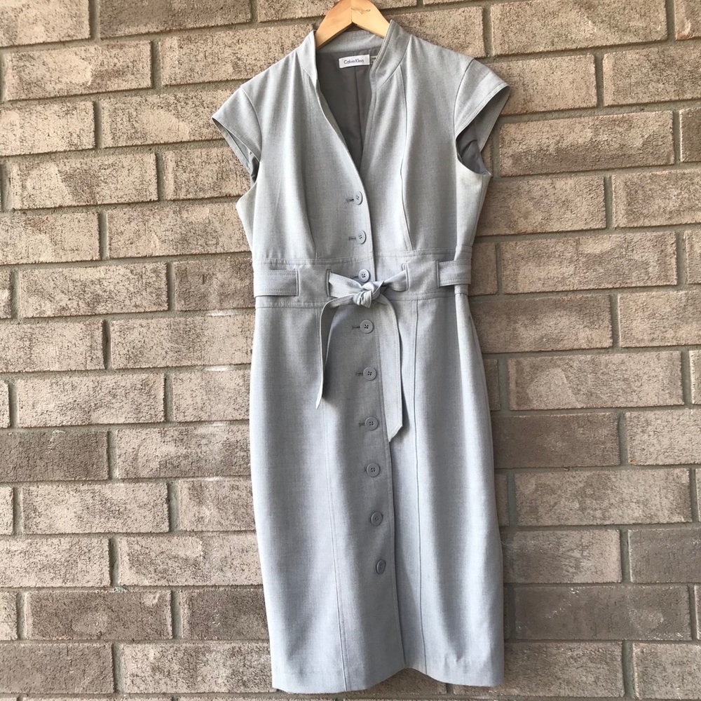 Grey Button Front Belted Dress Calvin Klein